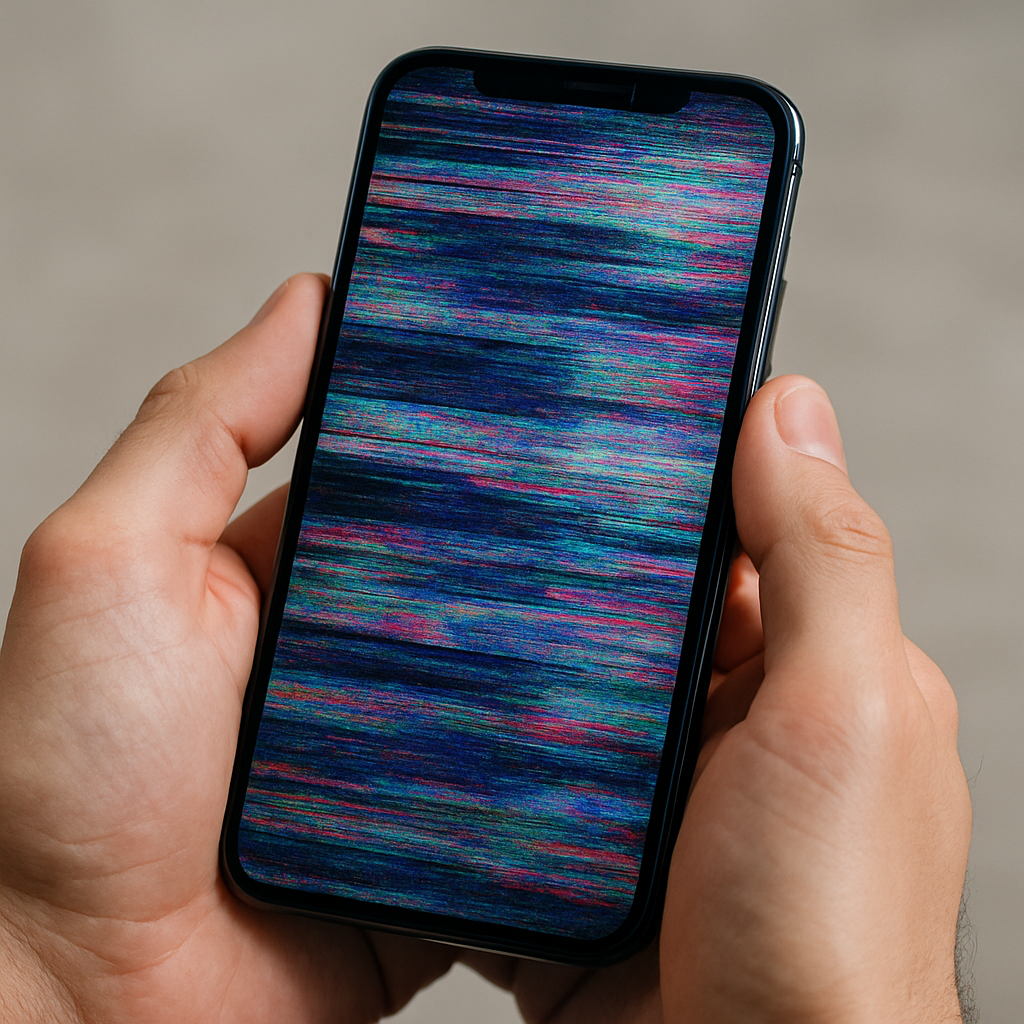 A person's hands holding a smartphone with a visibly flickering and distorted screen, illustrating a common display glitch.