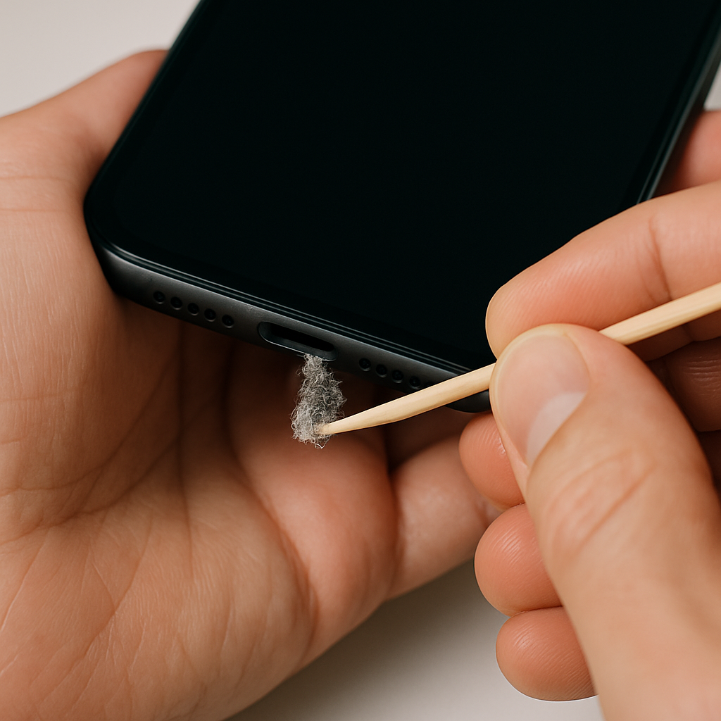 A person's hands using a wooden toothpick to gently and carefully remove lint and debris from the charging port of a smartphone.