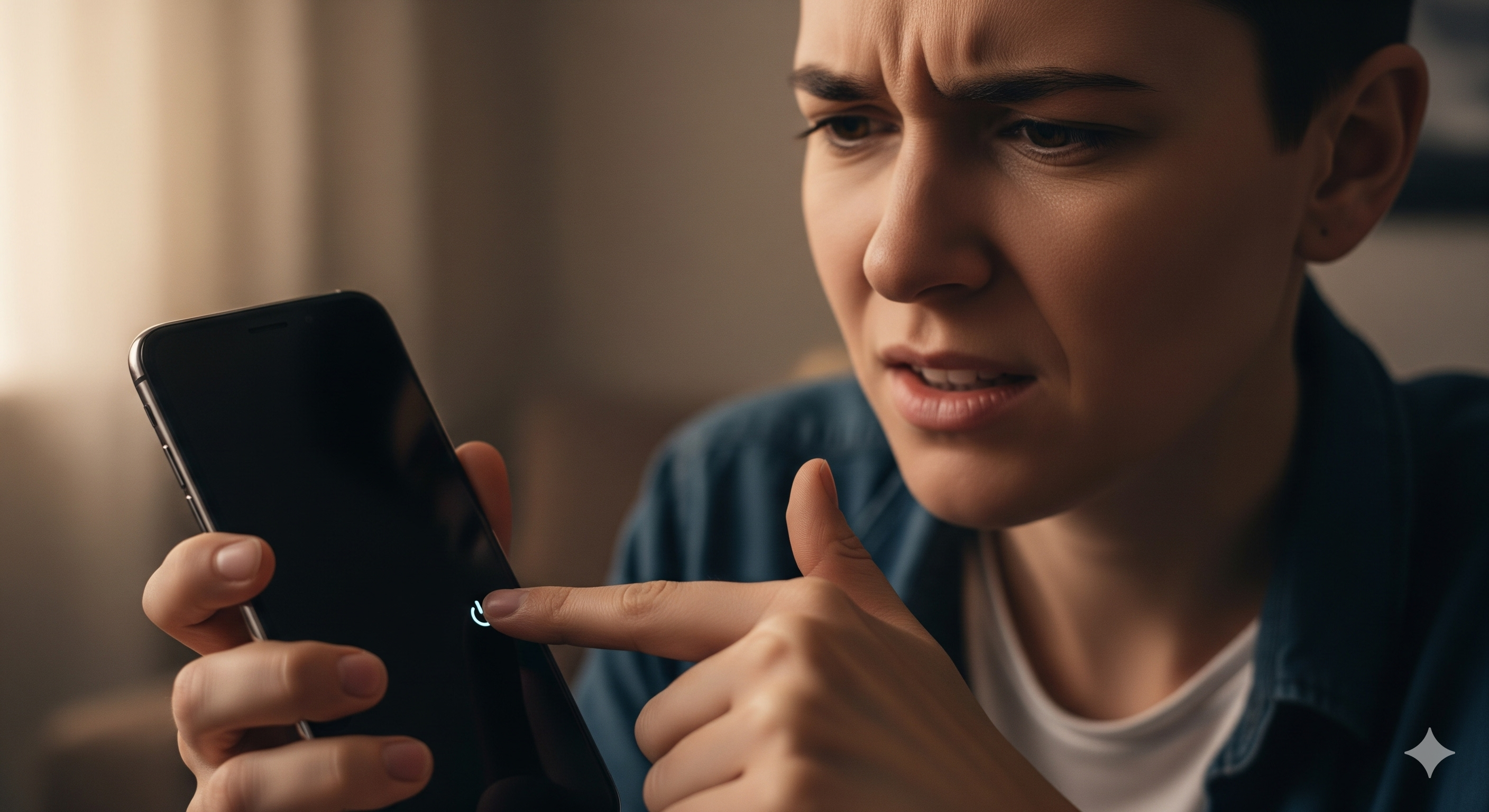 A person with a frustrated expression holds a smartphone with a black, unresponsive screen, trying to turn it on.