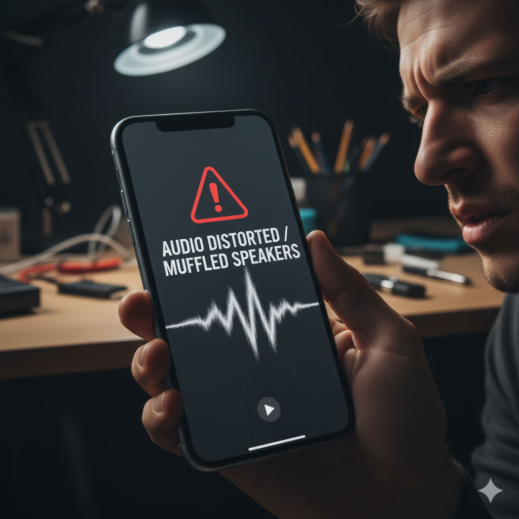 A frustrated man looking at his smartphone, which displays a warning message "AUDIO DISTORTED / MUFFLED SPEAKERS" and a distorted sound wave, indicating phone speakers sound distorted or muffled.