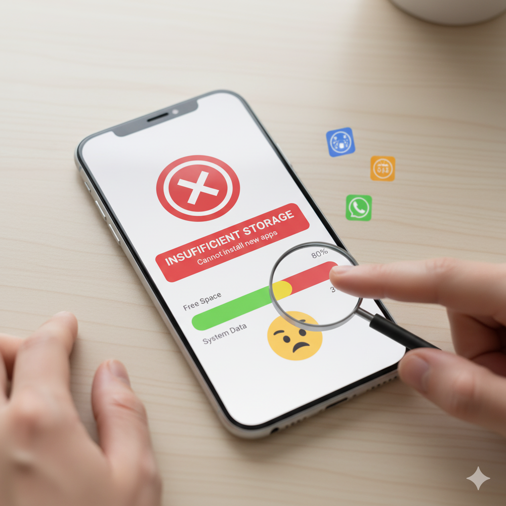 A smartphone displaying an "Insufficient Storage" error message despite showing available "Free Space" in its storage breakdown, with a hand holding a magnifying glass over the storage bar and various app icons floating nearby.