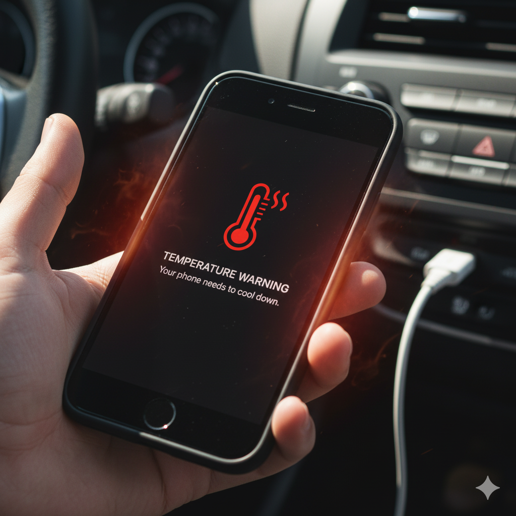 A hand holding a smartphone in a car, with the screen showing a red 'Temperature Warning' and a steaming thermometer icon, indicating overheating.