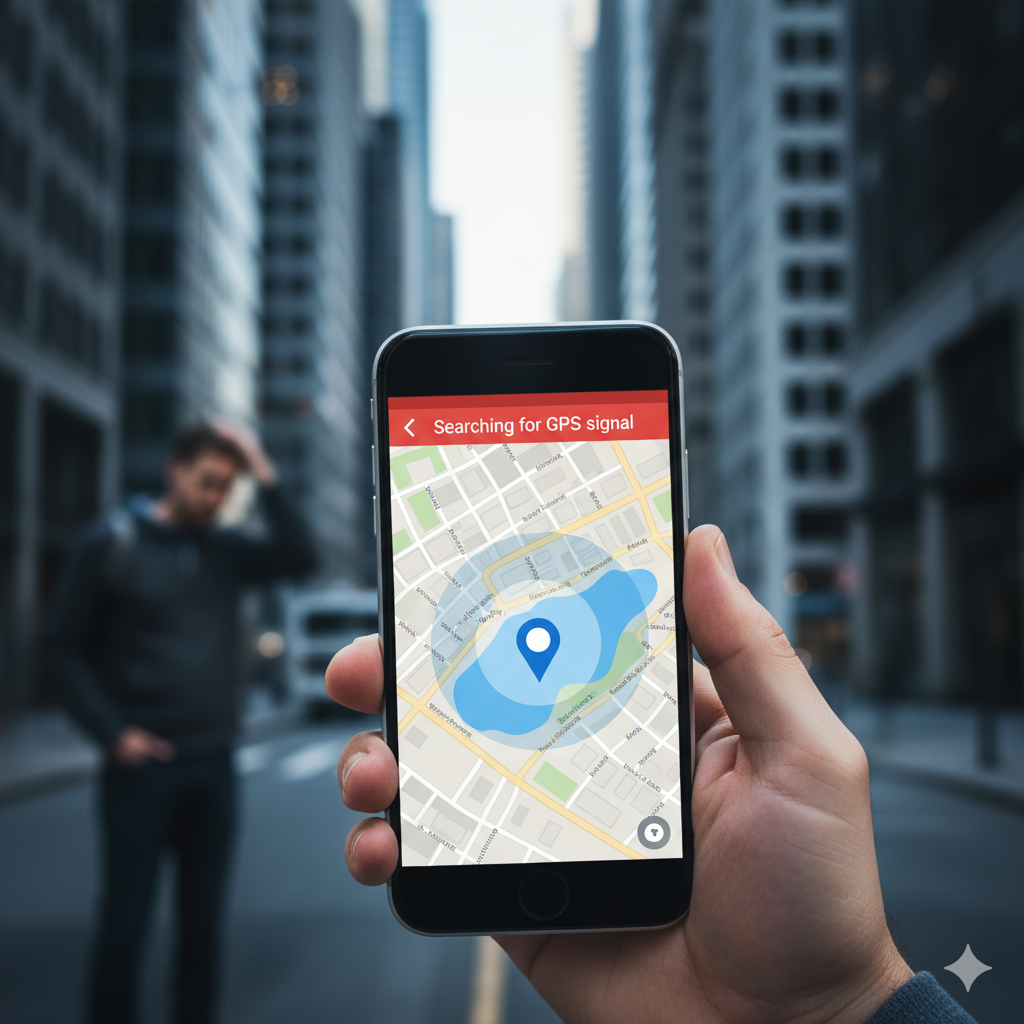 A person holding a smartphone showing a map app with "Searching for GPS signal" and a large blue accuracy circle, indicating a phone GPS not accurate in a city street.