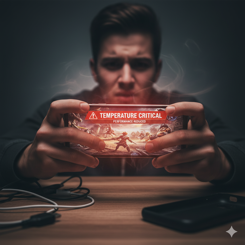 A focused gamer holds a smartphone that glows red with heat and emits steam, displaying a "TEMPERATURE CRITICAL, PERFORMANCE REDUCED" warning during an intense mobile game, illustrating a phone overheats while gaming.