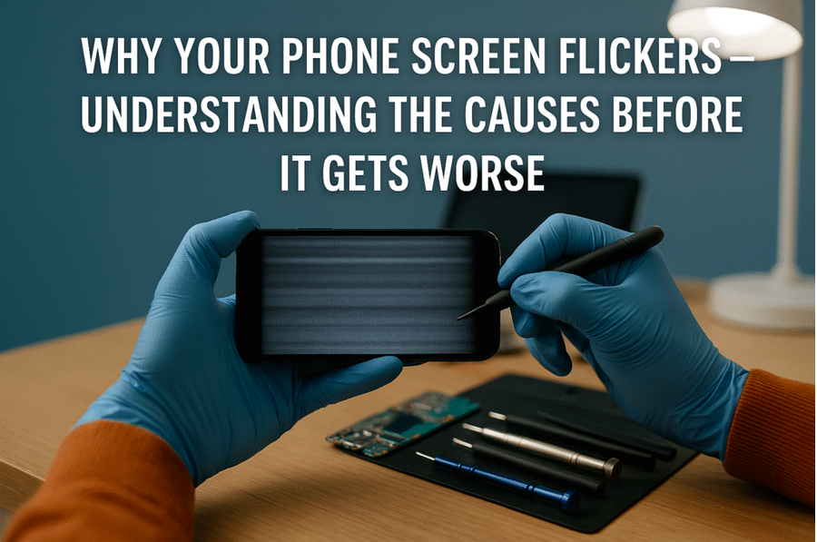 A technician wearing blue gloves is examining a smartphone with a flickering screen at a repair desk, surrounded by precision tools, with the text “Why Your Phone Screen Flickers — Understanding the Causes Before It Gets Worse” displayed above.