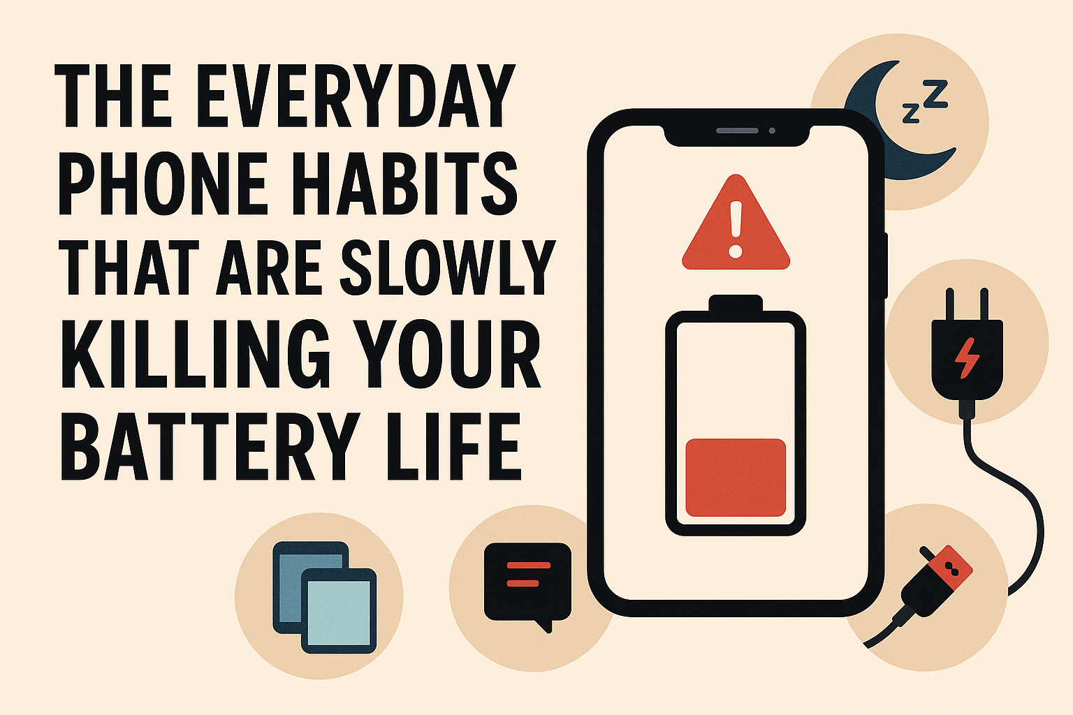 A digital infographic showing a smartphone with a low battery icon and a red warning symbol, surrounded by icons for charging cables, notifications, and sleep mode, illustrating everyday phone habits that drain battery life.
