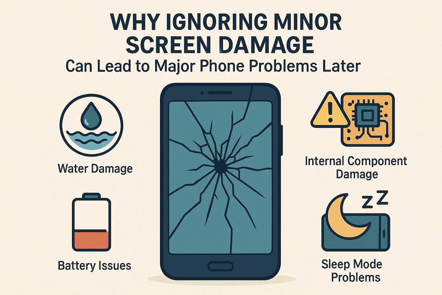 A digital infographic showing a cracked smartphone screen surrounded by icons representing water damage, internal component failure, battery drain, and sleep mode issues, illustrating how minor screen damage can lead to major phone problems later.