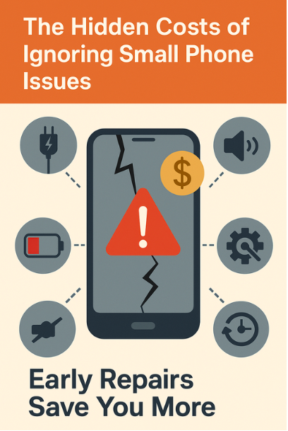 A flat design infographic showing a cracked smartphone with a red warning symbol and dollar icon, surrounded by charging, battery, sound, and settings icons, illustrating how small phone issues can lead to higher repair costs and why early fixes save money.
