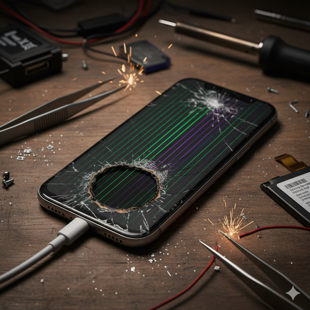 High-quality professional photography of a damaged smartphone on a wooden repair workbench, showing a cracked screen with vertical line failure and internal components visible, illustrating signs of mobile hardware failure.