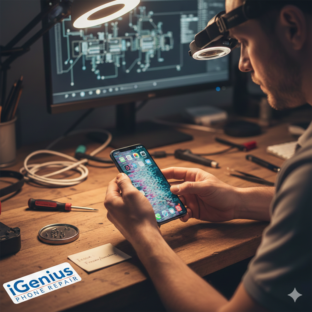 A professional technician at iGenius Phone Repair diagnosing a smartphone that is freezing and crashing, sitting at a high-tech workbench with repair tools and a digital circuit monitor in the background.