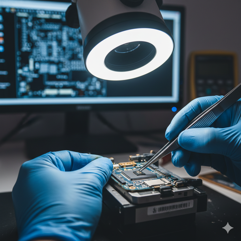 A skilled technician in blue protective gloves performing a precise smartphone memory and storage upgrade using professional micro-soldering tools under a high-definition ring light and microscope.