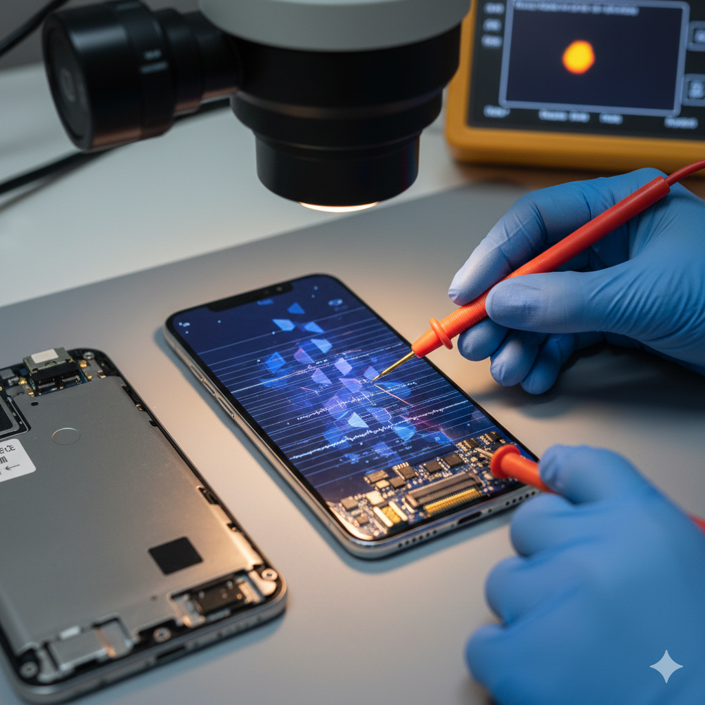 A professional technician in blue gloves using specialized probes and a microscope to perform an iPhone screen flickering repair on a smartphone motherboard and display.